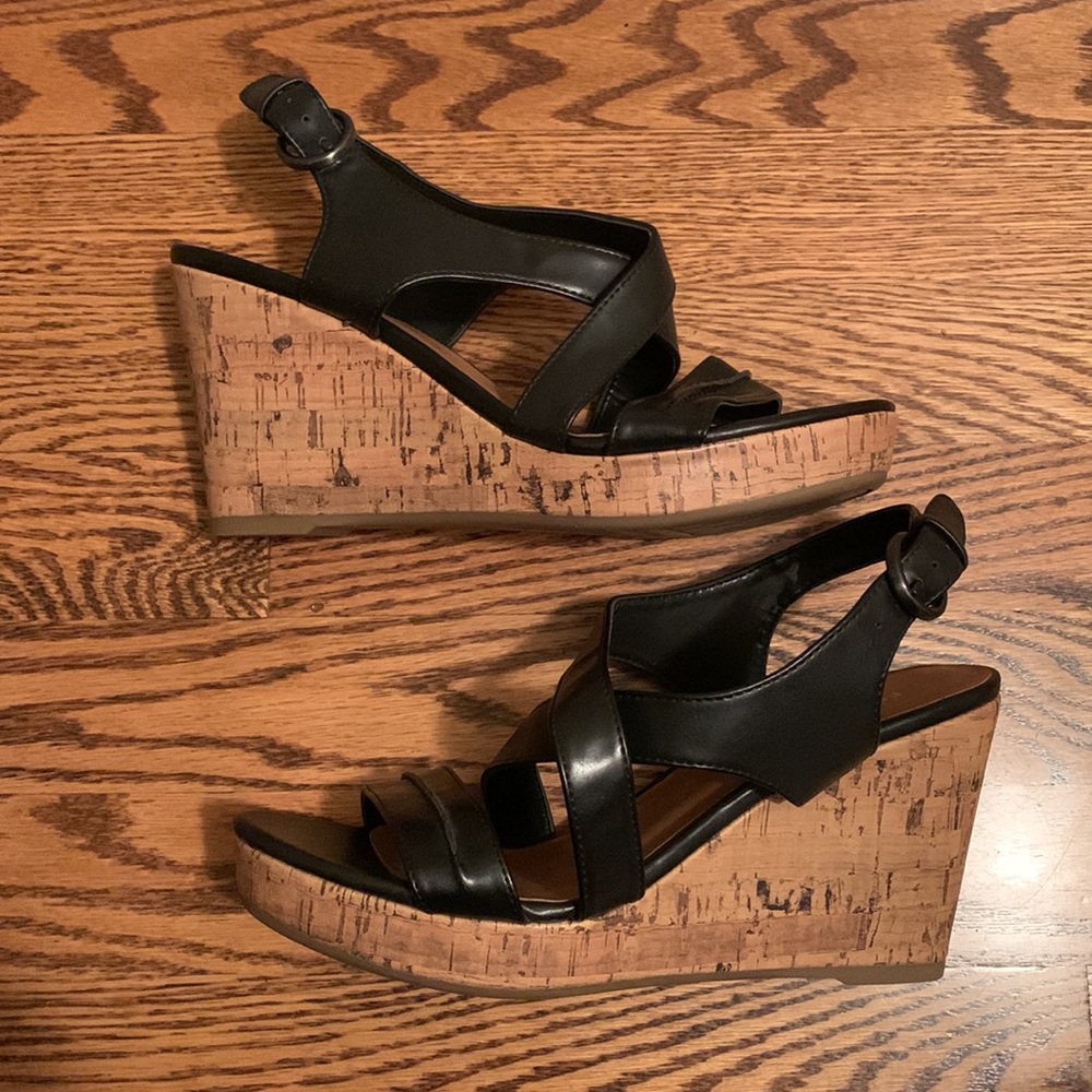 Franco Sarto Black Leather Cork Wedge Sandals